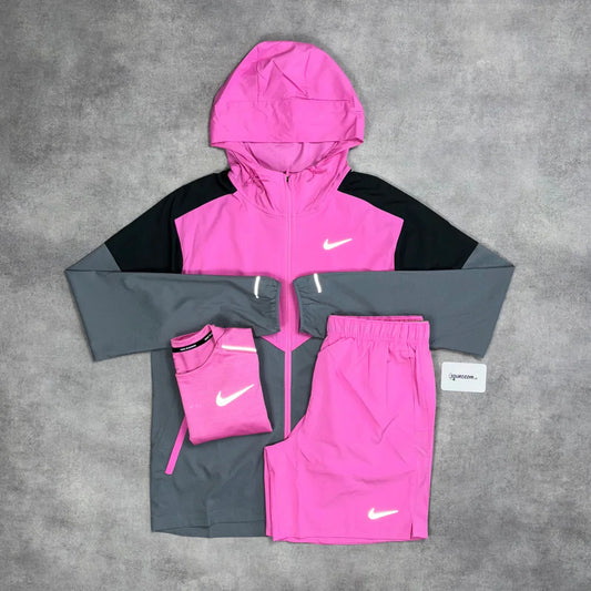 3-Piece Sport Set – Pink/Grey Jacket, T-Shirt & Shorts